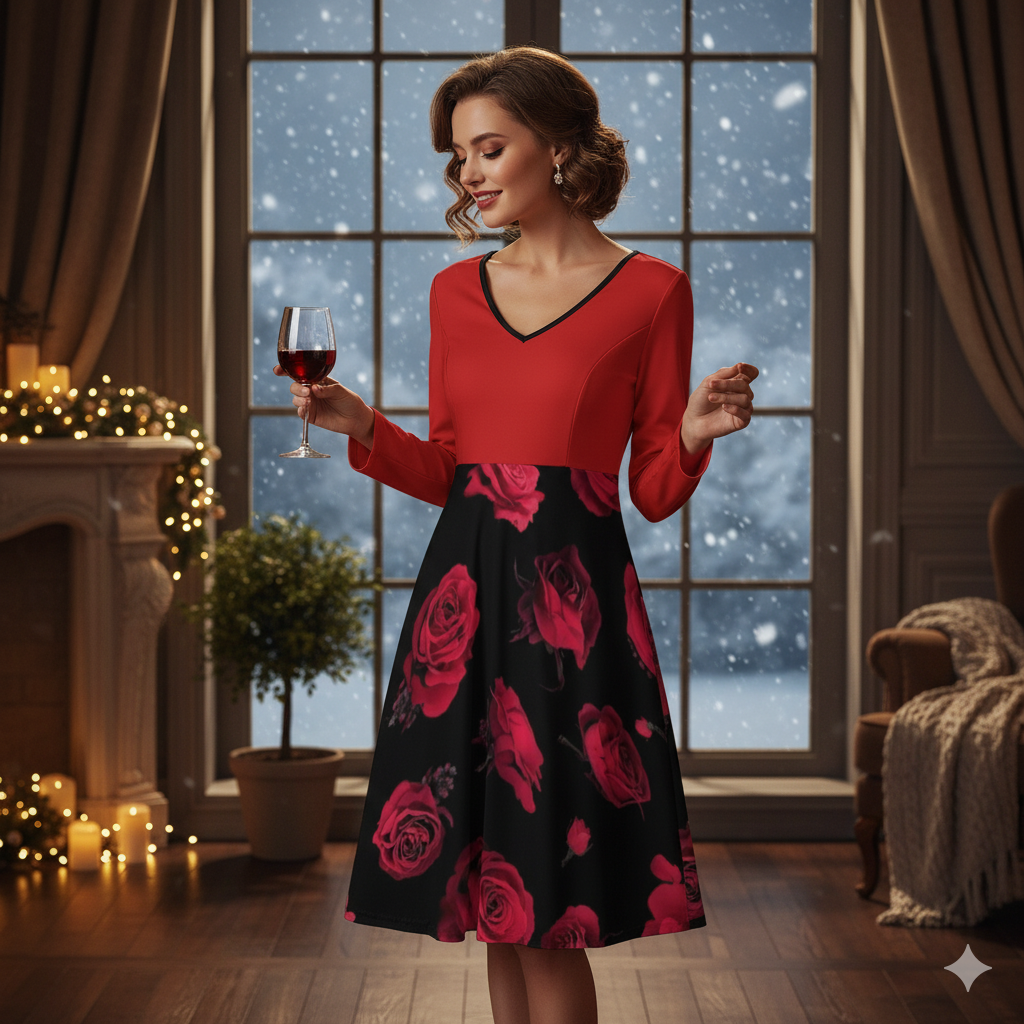 Robe grande taille col V à manches longues – imprimé roses, du S au 8XL - Big Smiles All Sizes