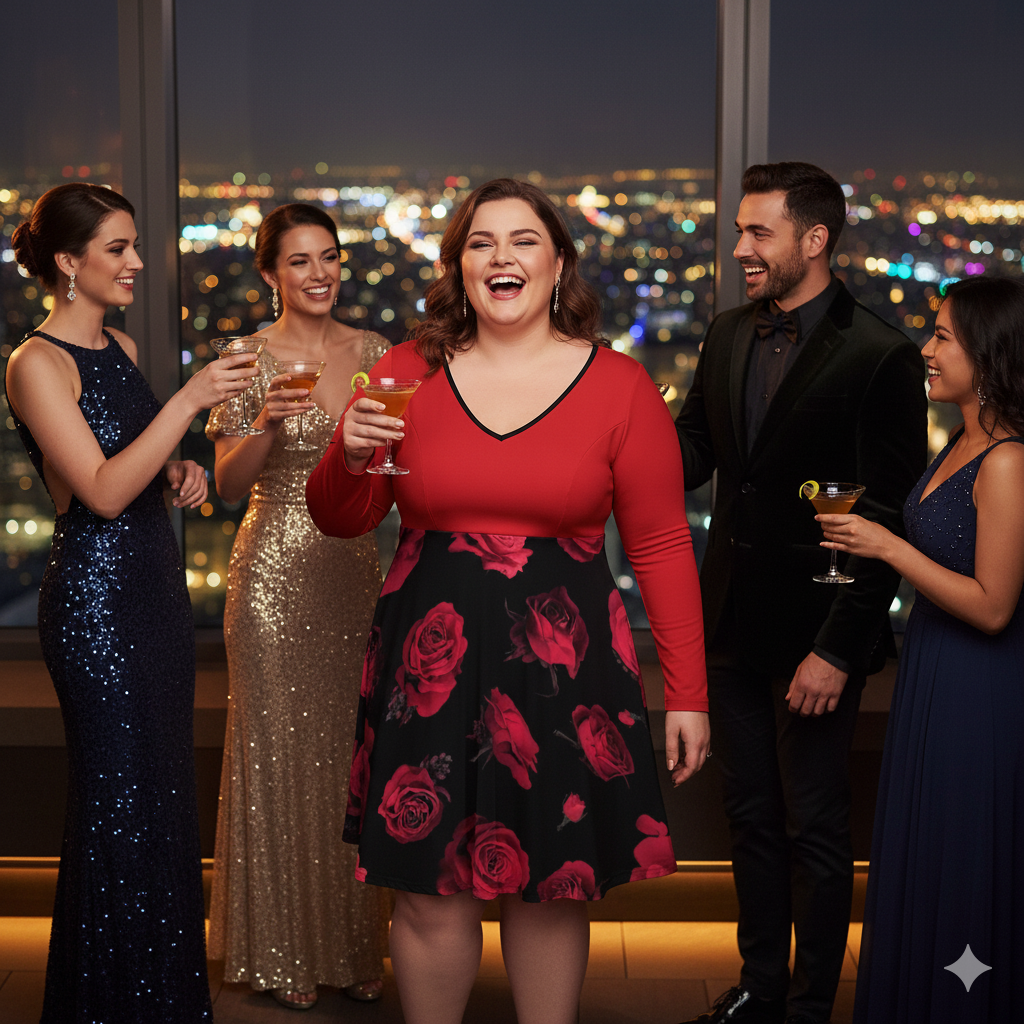 Robe grande taille col V à manches longues – imprimé roses, du S au 8XL - Big Smiles All Sizes