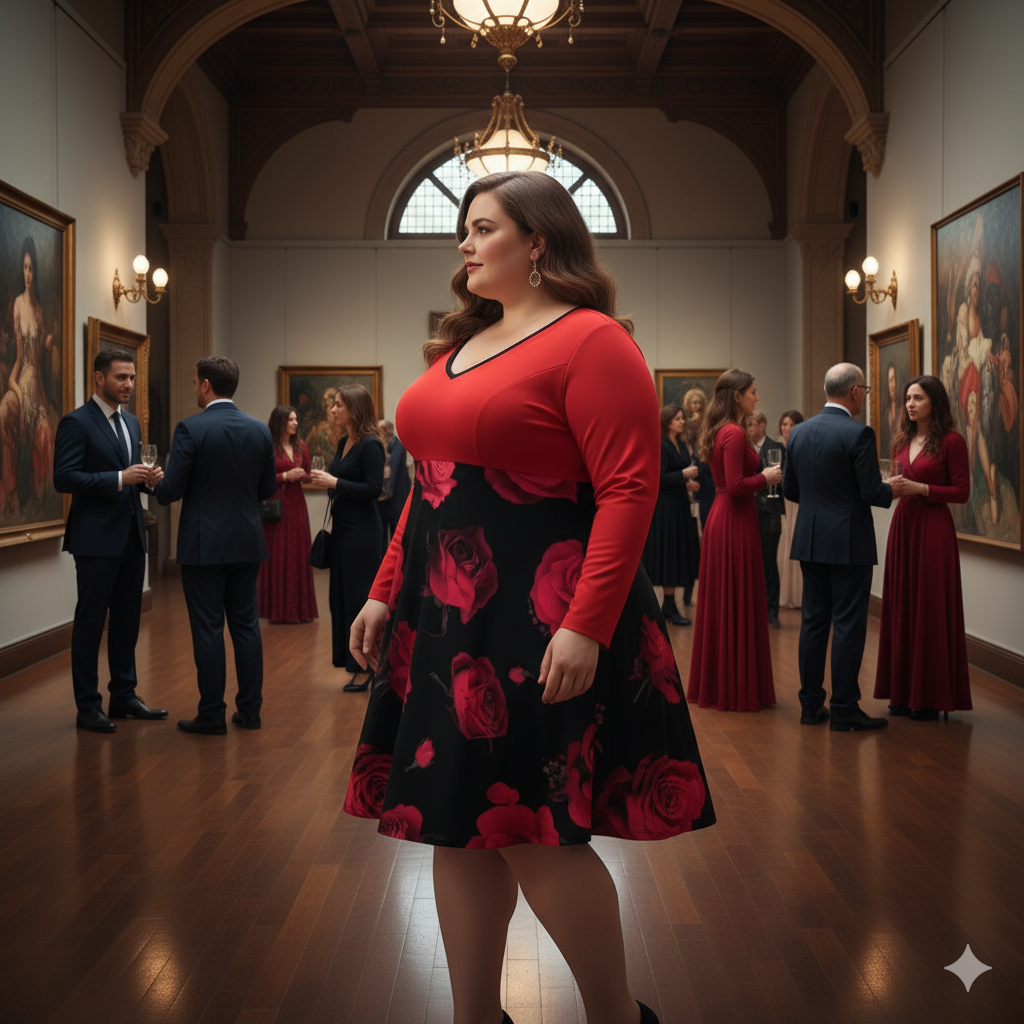 Robe grande taille col V à manches longues – imprimé roses, du S au 8XL - Big Smiles All Sizes