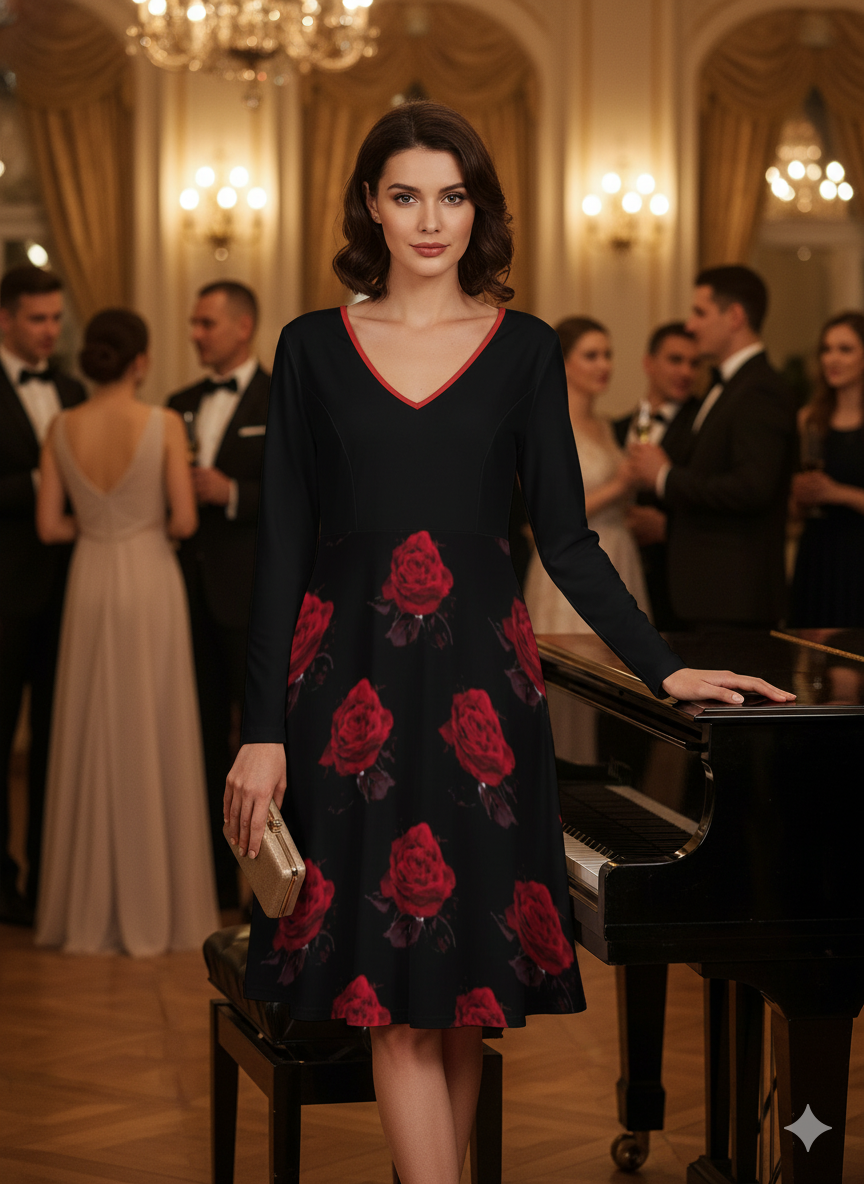 Robe grande taille col V roses rouges – manches longues, S à 8XL - Big Smiles All Sizes