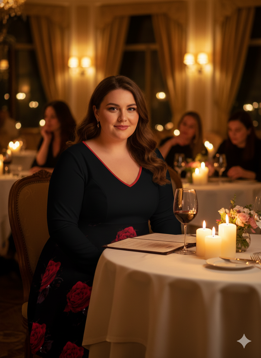 Robe grande taille col V roses rouges – manches longues, S à 8XL - Big Smiles All Sizes