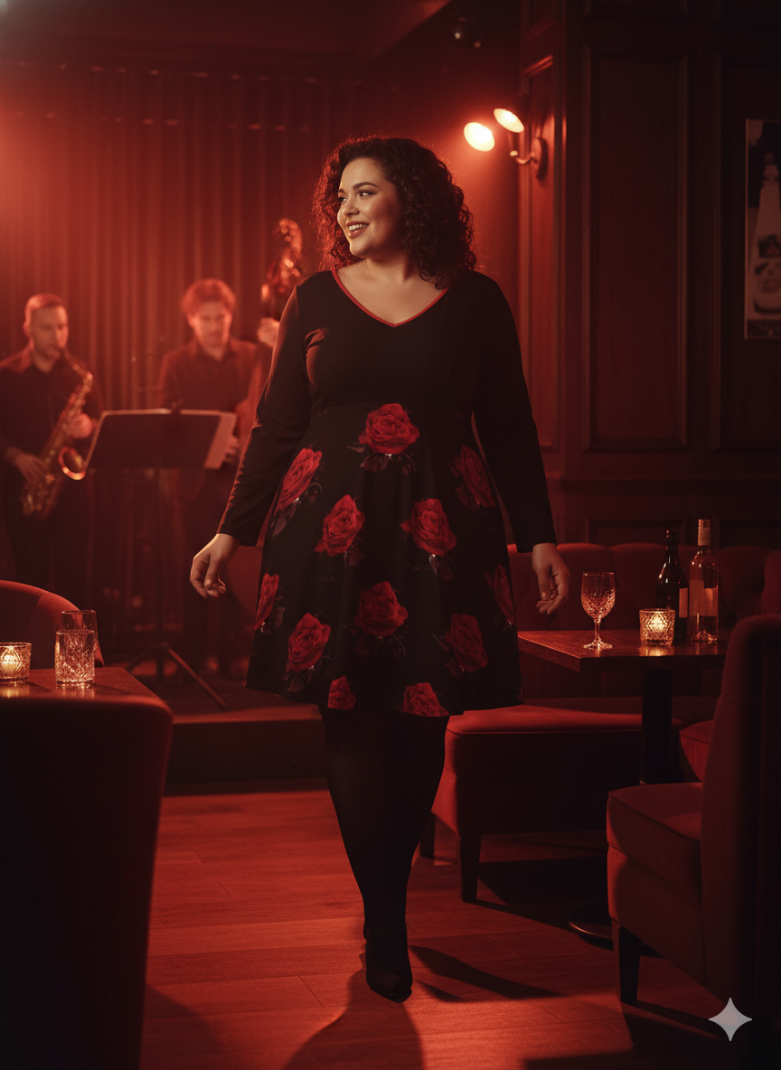 Robe grande taille col V roses rouges – manches longues, S à 8XL - Big Smiles All Sizes