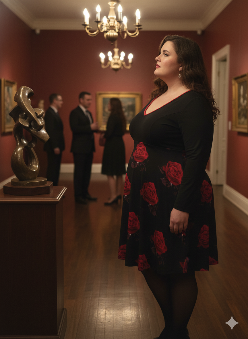 Robe grande taille col V roses rouges – manches longues, S à 8XL - Big Smiles All Sizes