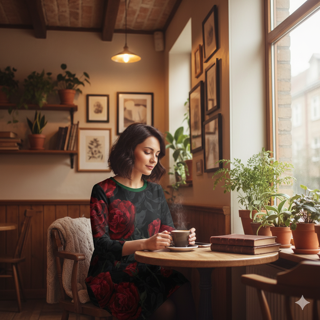 Robe ample à poches roses rouges – manches longues, S-5XL - Big Smiles All Sizes