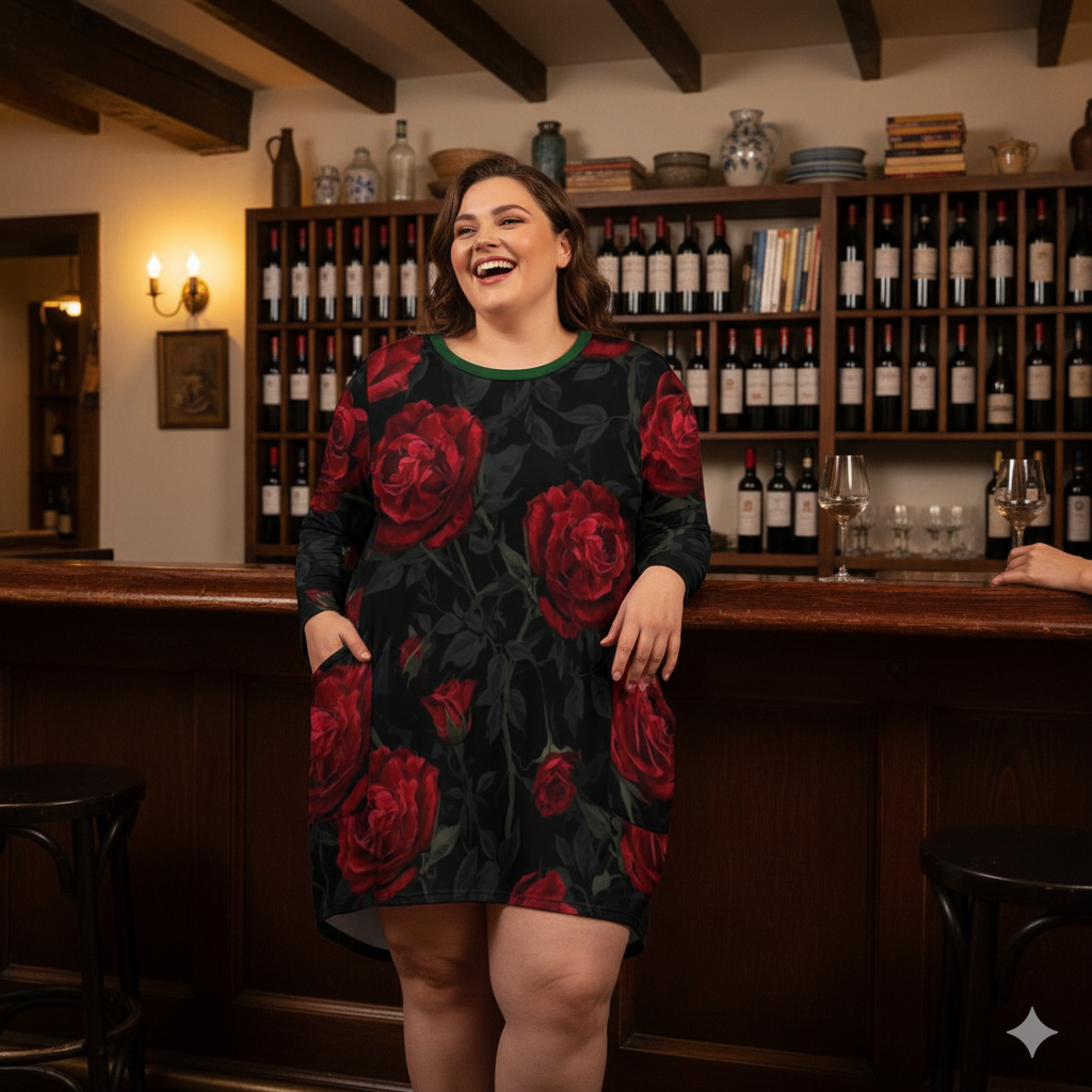 Robe ample à poches roses rouges – manches longues, S-5XL - Big Smiles All Sizes