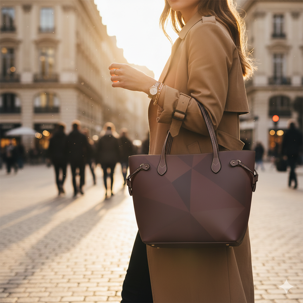 Brown vegan leather tote bag – Geometric elegance, hand-held or cross-body