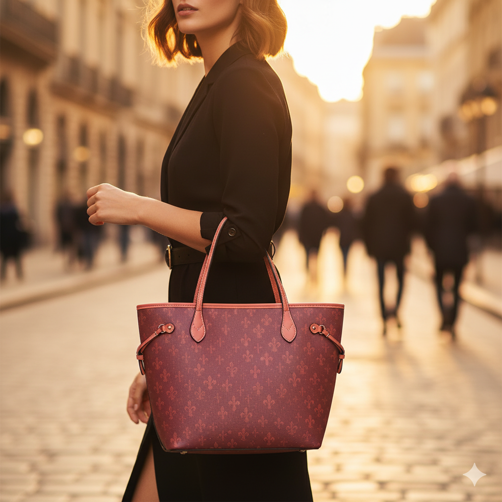 Bolso tote de piel vegana burdeos: elegancia floral, para llevar en la mano o cruzado.