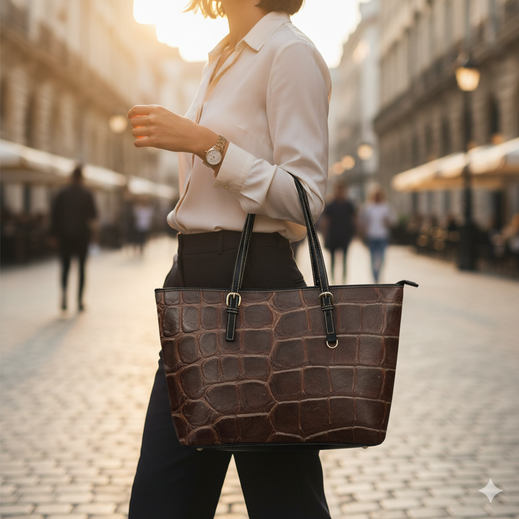 Brown vegan leather tote bag – Elegant and timeless crocodile finish