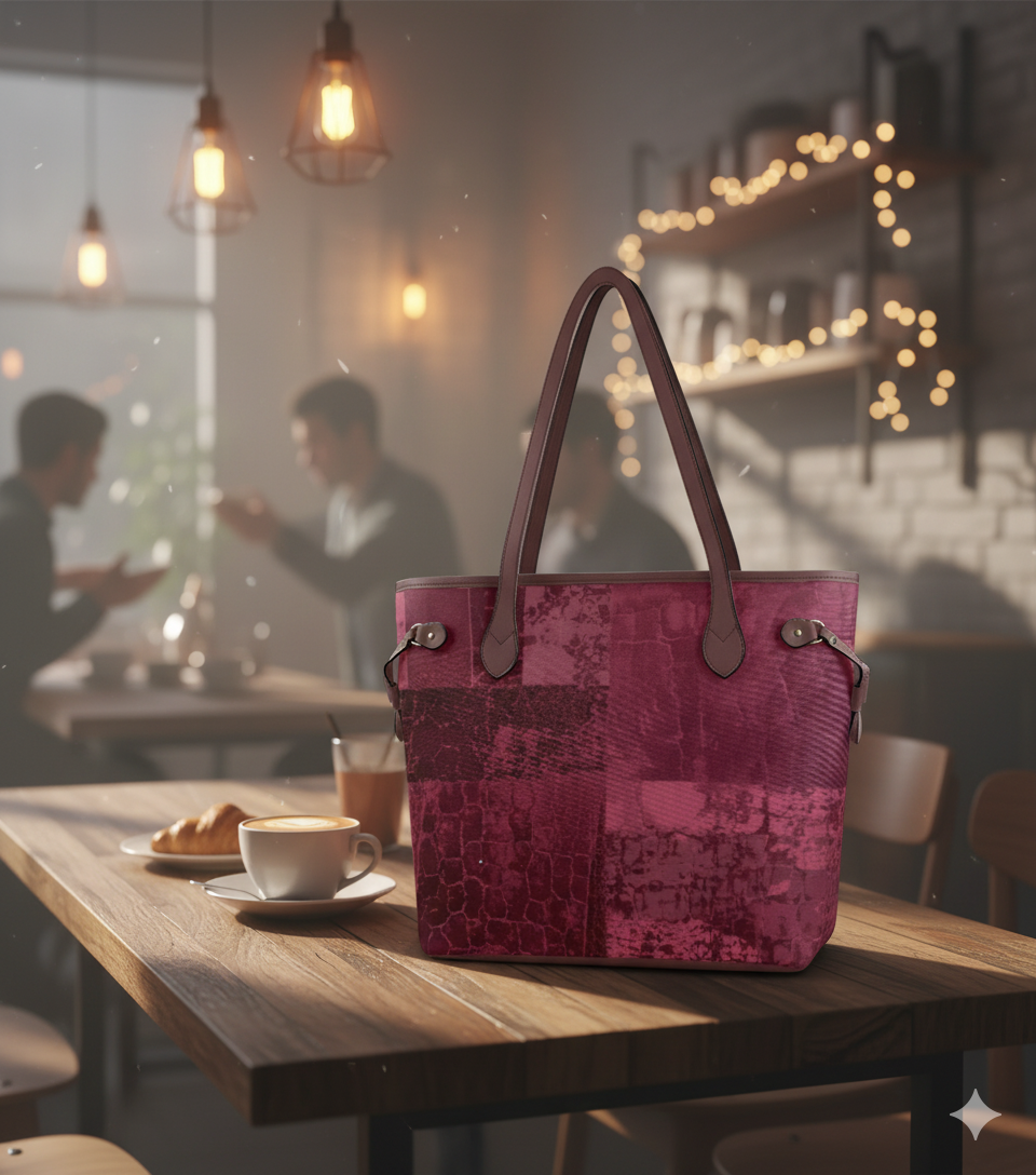 Sac cabas en toile imperméable bordeaux – Élégance texturée et design patchwork