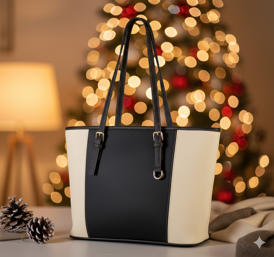 Black and beige vegan leather tote bag – Urban elegance and refined contrast