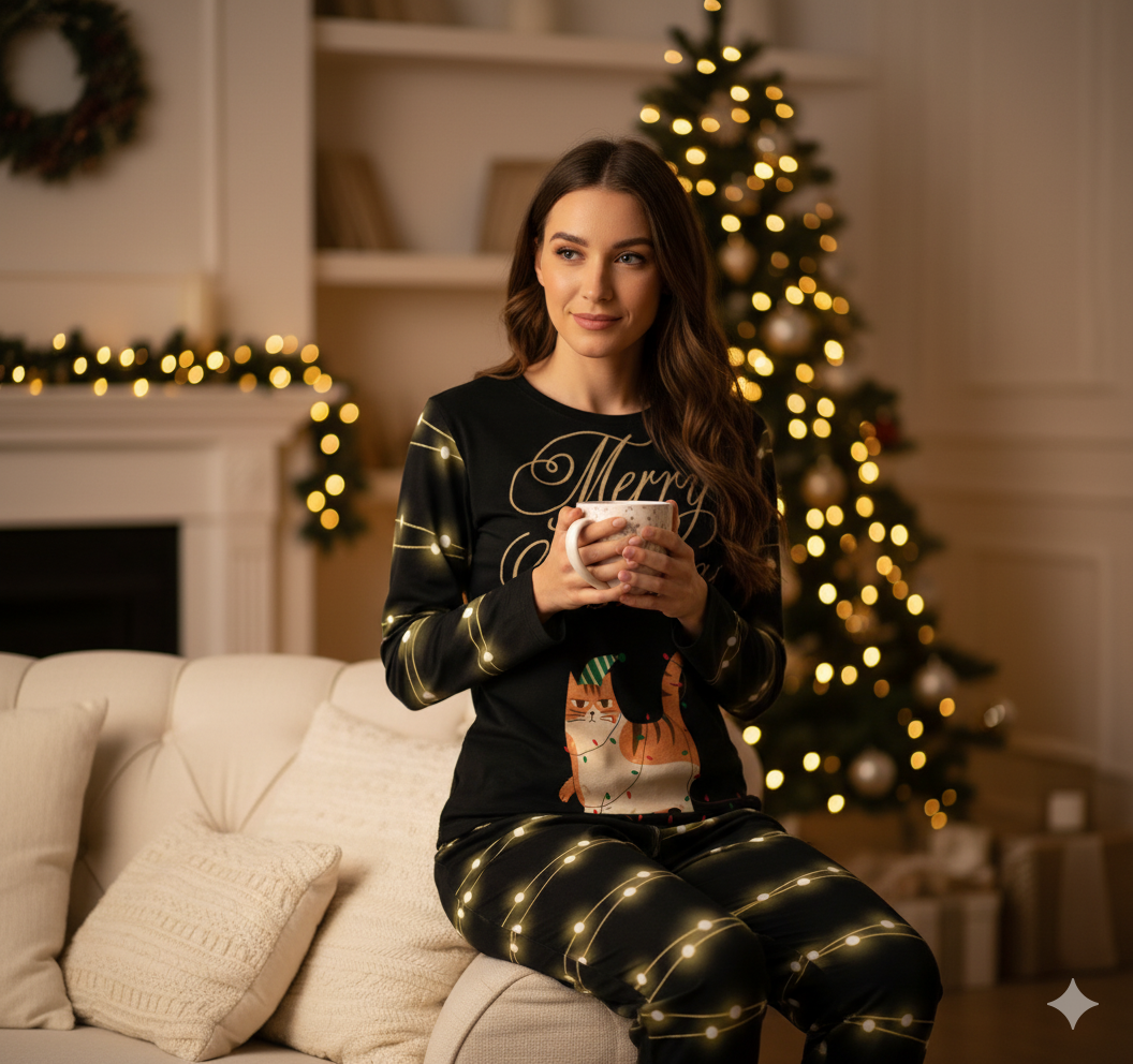 Pyjama de Noël « Chat & Guirlandes » – Ensemble 2 pièces XS à 6XL | Big Smiles