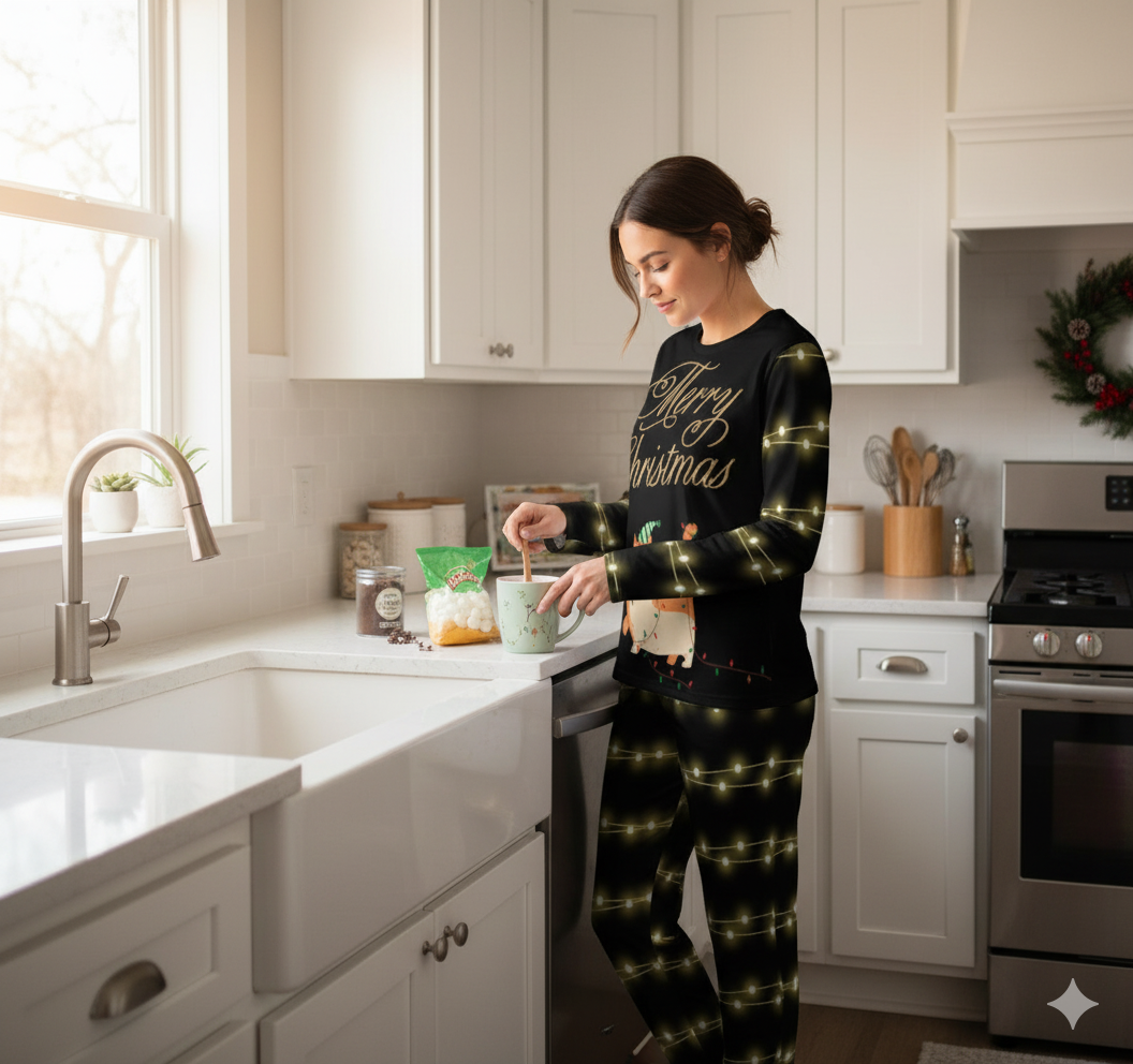 Pyjama de Noël « Chat & Guirlandes » – Ensemble 2 pièces XS à 6XL | Big Smiles