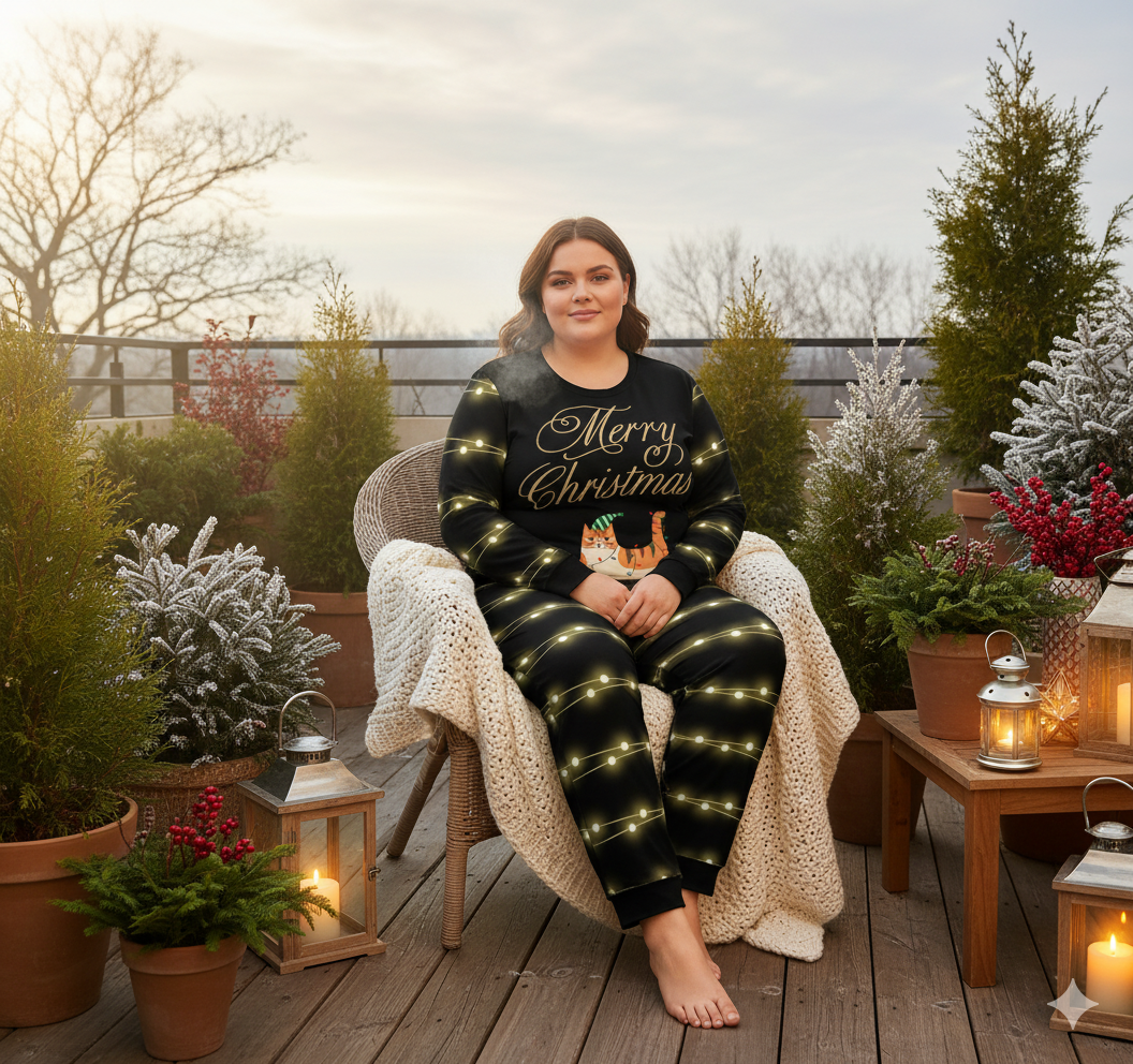 Pyjama de Noël « Chat & Guirlandes » – Ensemble 2 pièces XS à 6XL | Big Smiles