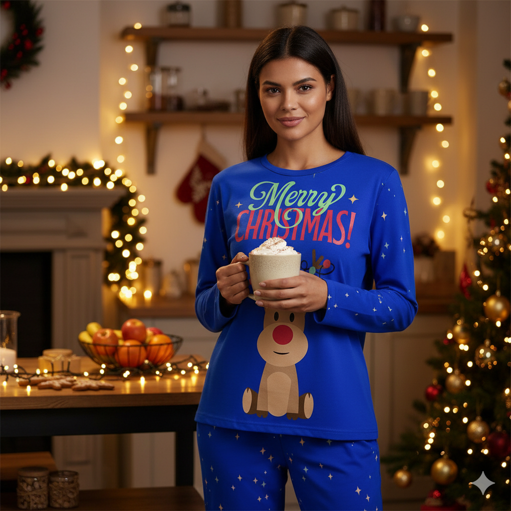 Pyjama de Noël « Renne Bleu & Étoiles » – Ensemble 2 pièces XS à 6XL | Big Smiles