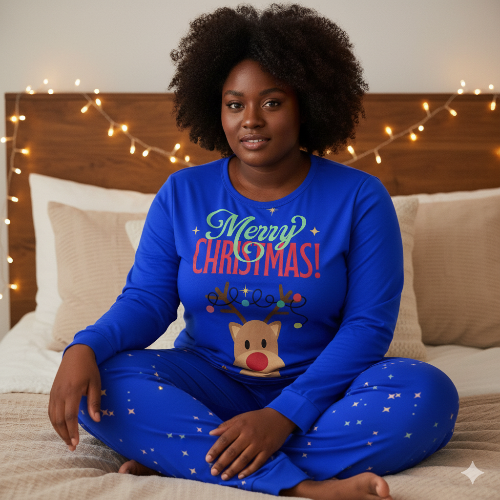 Pyjama de Noël « Renne Bleu & Étoiles » – Ensemble 2 pièces XS à 6XL | Big Smiles