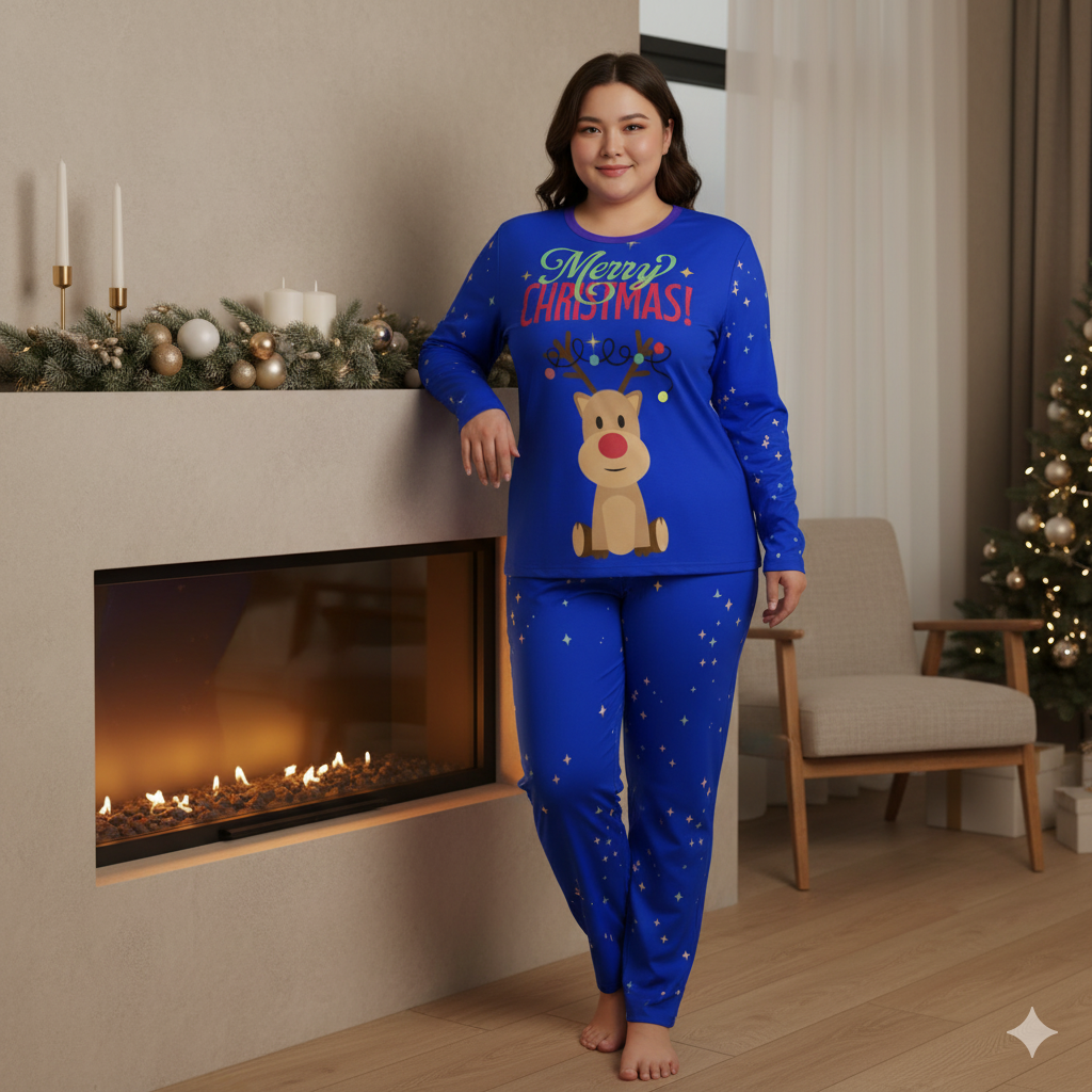 Pyjama de Noël « Renne Bleu & Étoiles » – Ensemble 2 pièces XS à 6XL | Big Smiles