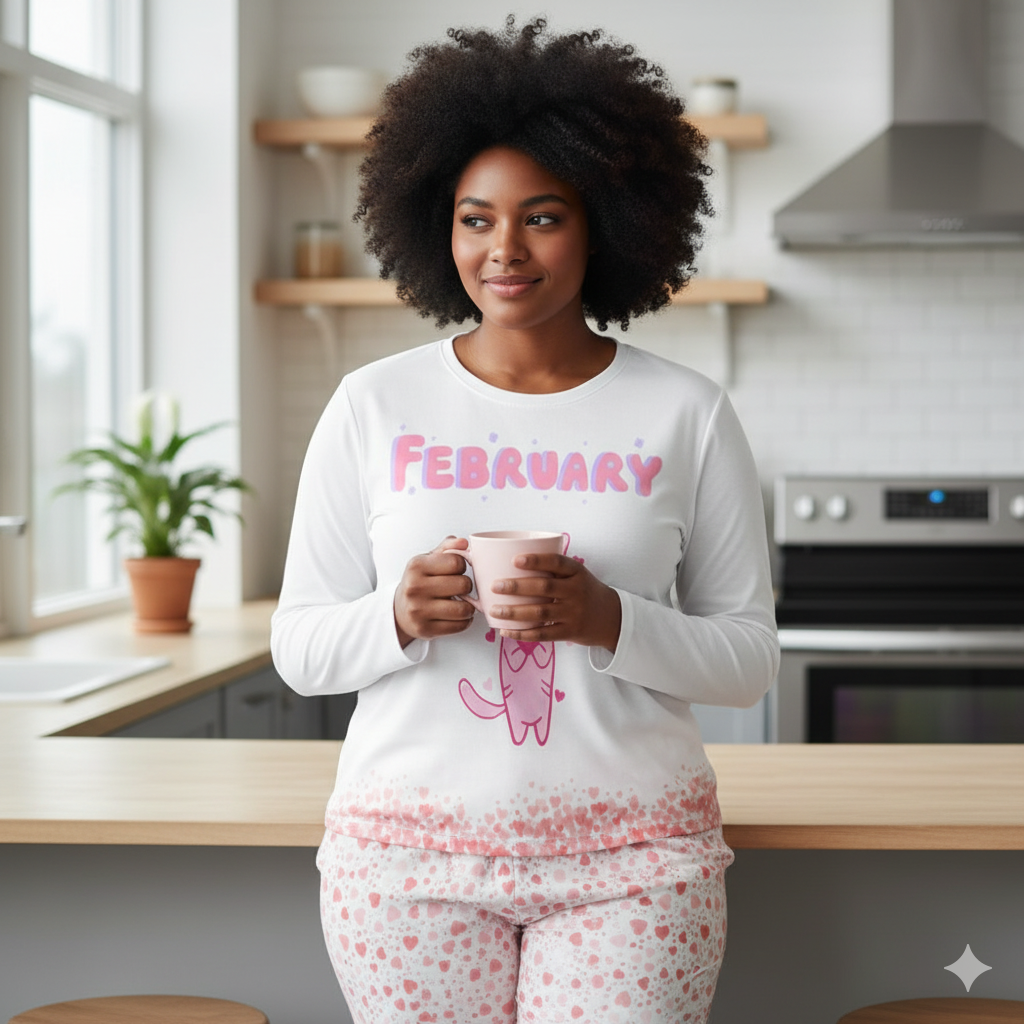 Pyjama « February Cat & Hearts » – Ensemble 2 pièces XS à 6XL | Big Smiles