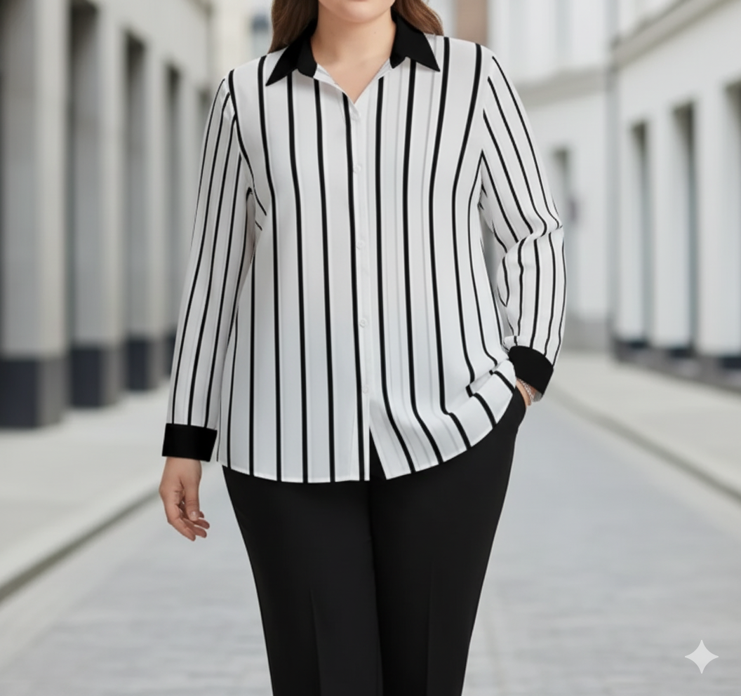 Chemise fluide à rayures verticales col contrasté – grande taille jusqu’au 5XL