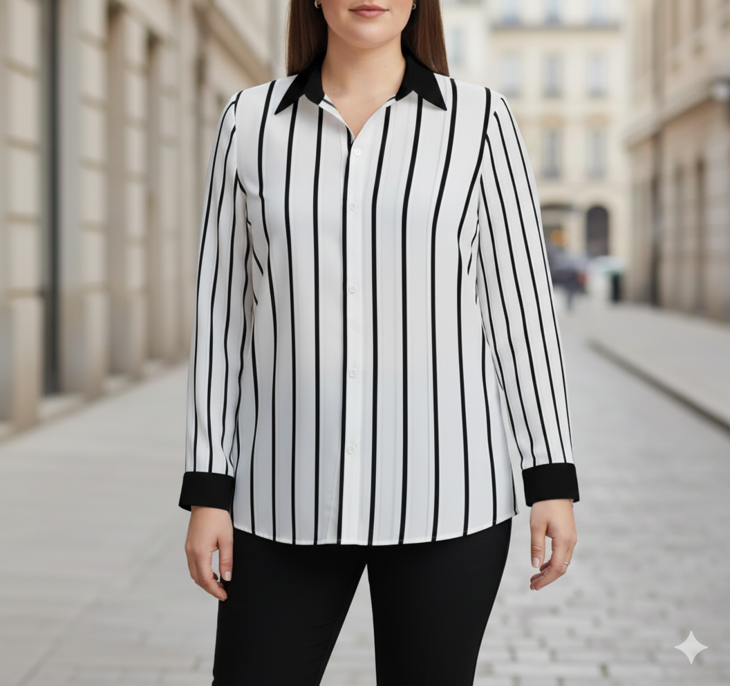 Chemise fluide à rayures verticales col contrasté – grande taille jusqu’au 5XL