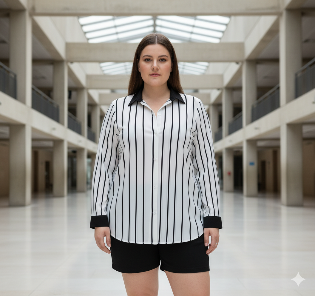 Chemise fluide à rayures verticales col contrasté – grande taille jusqu’au 5XL
