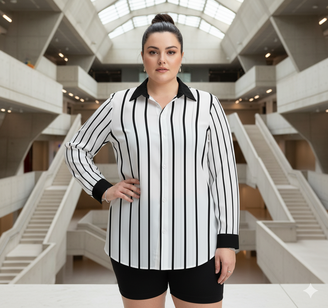 Chemise fluide à rayures verticales col contrasté – grande taille jusqu’au 5XL