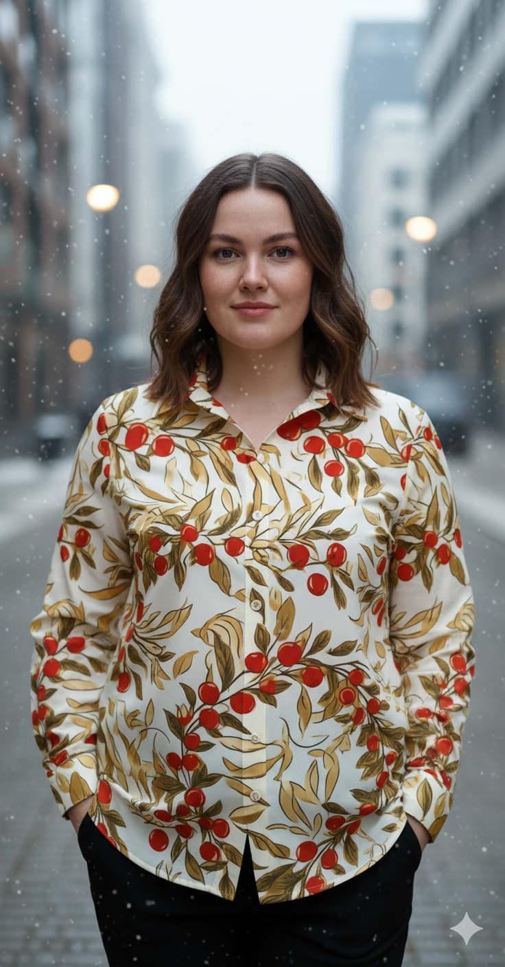 Chemise fluide imprimé cerises & feuillage – grande taille jusqu’au 5XL