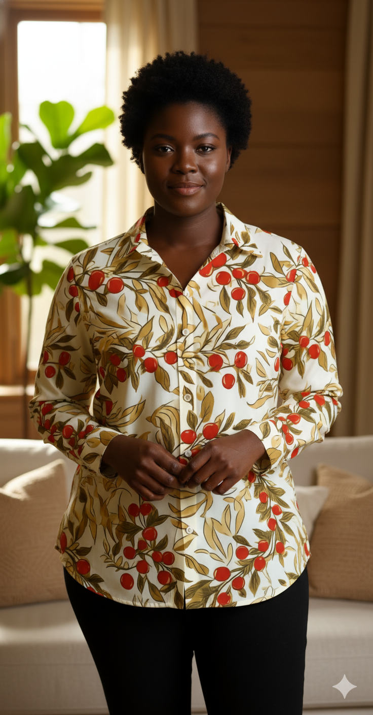 Chemise fluide imprimé cerises & feuillage – grande taille jusqu’au 5XL