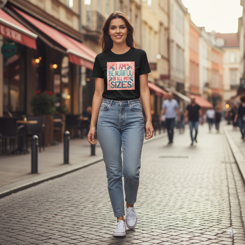 “I Am Beautiful In All My Sizes” women’s t-shirt – 190g cotton, HD DTG printing, S to 6XL