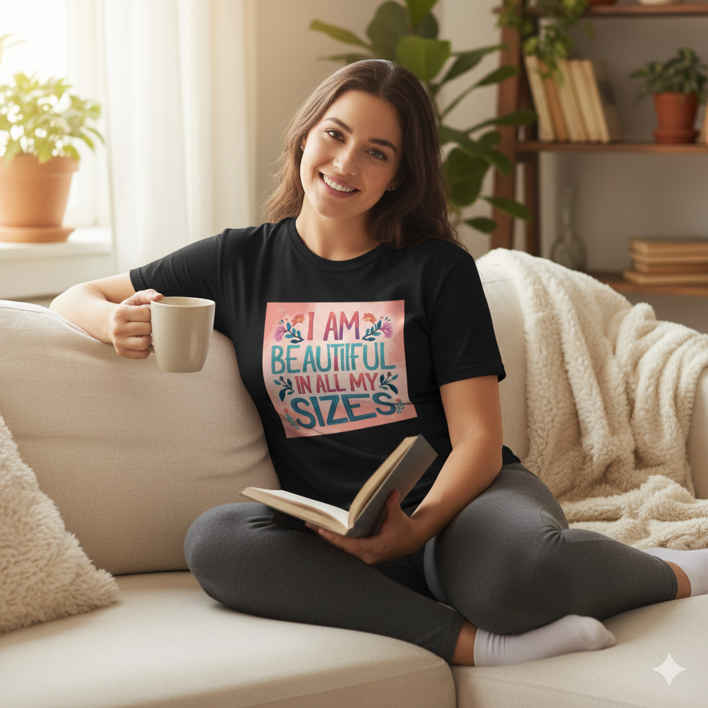 “I Am Beautiful In All My Sizes” women’s t-shirt – 190g cotton, HD DTG printing, S to 6XL