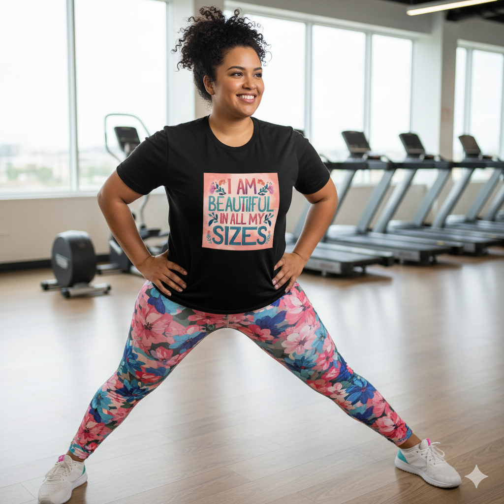 “I Am Beautiful In All My Sizes” women’s t-shirt – 190g cotton, HD DTG printing, S to 6XL