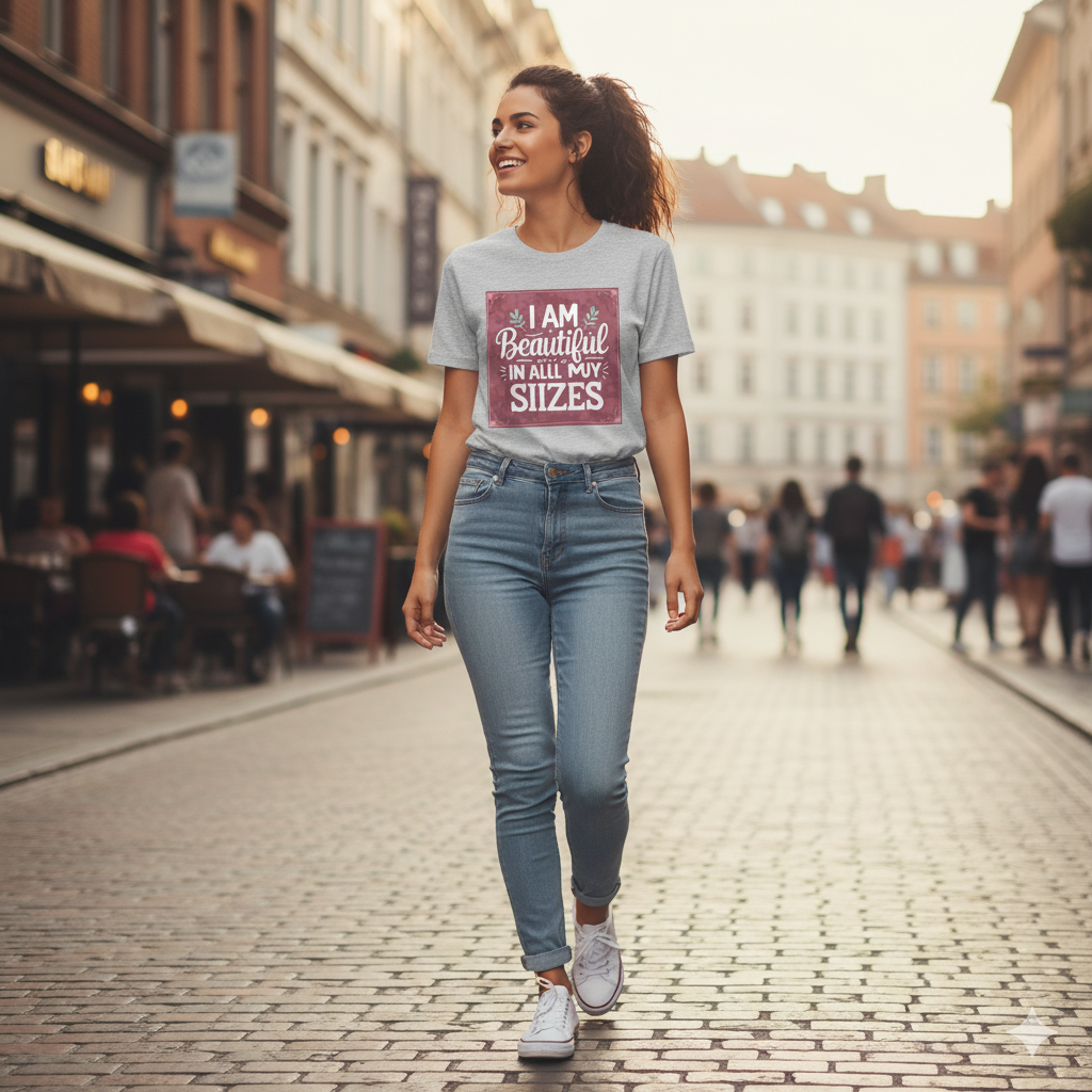 Camiseta burdeos para mujer «Soy guapa en todas mis tallas»: algodón de 190 g, impresión DTG HD, tallas S a 6XL.