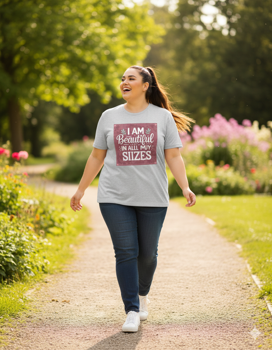 Camiseta burdeos para mujer «Soy guapa en todas mis tallas»: algodón de 190 g, impresión DTG HD, tallas S a 6XL.