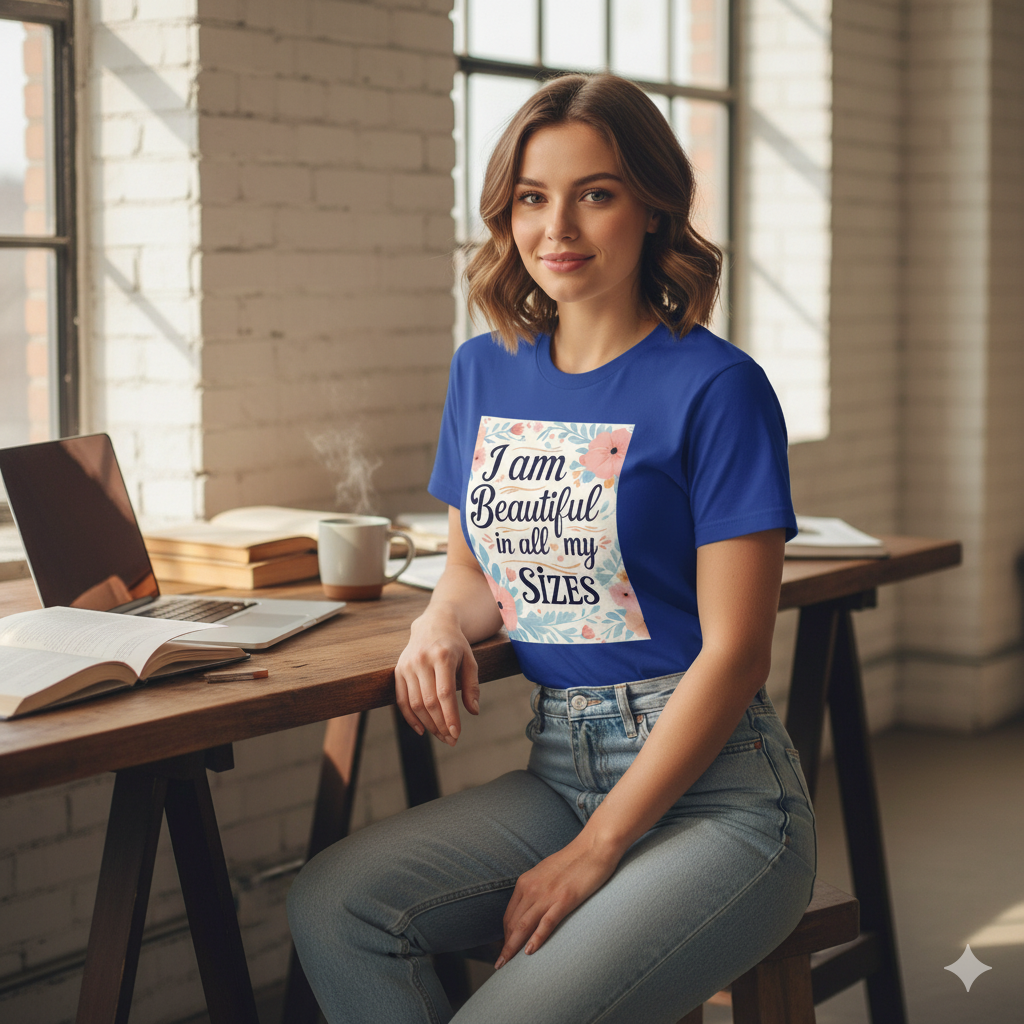 Camiseta de mujer «Soy guapa en todas mis tallas»: algodón de 190 g, impresión DTG HD, tallas S a 6XL