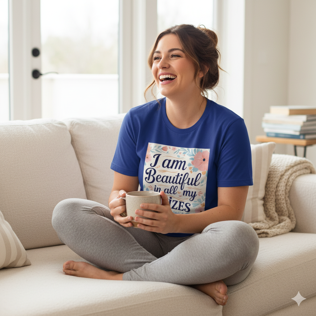 Camiseta de mujer «Soy guapa en todas mis tallas»: algodón de 190 g, impresión DTG HD, tallas S a 6XL