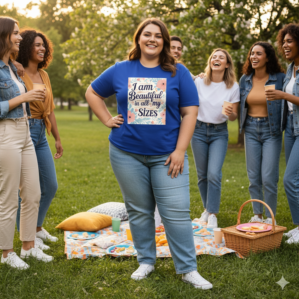 Camiseta de mujer «Soy guapa en todas mis tallas»: algodón de 190 g, impresión DTG HD, tallas S a 6XL