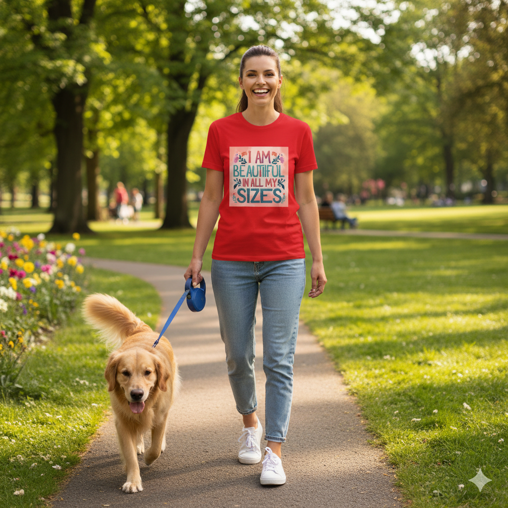 Camiseta de mujer «Soy guapa en todas mis tallas» coral y flores – algodón 190 g, impresión DTG HD, tallas S a 6XL