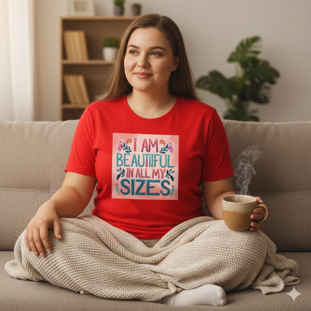 Camiseta de mujer «Soy guapa en todas mis tallas» coral y flores – algodón 190 g, impresión DTG HD, tallas S a 6XL