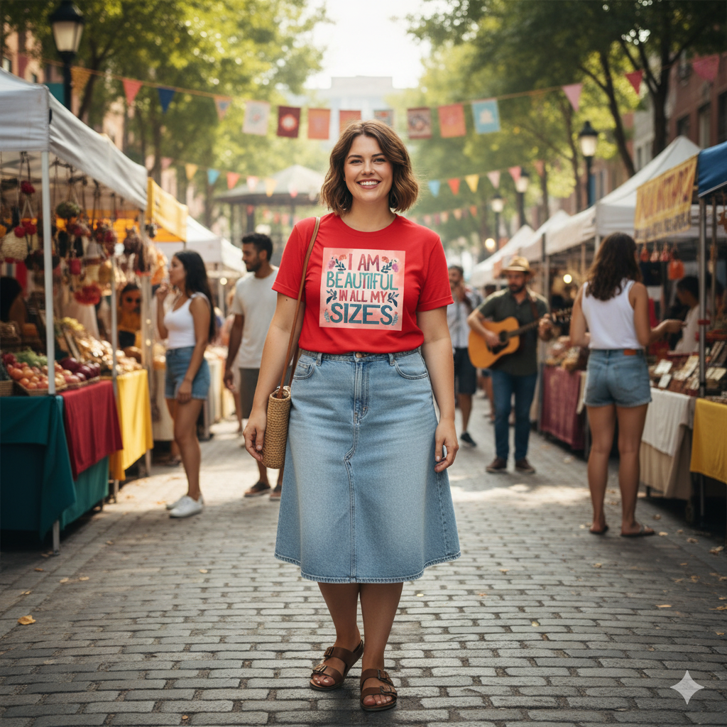 Camiseta de mujer «Soy guapa en todas mis tallas» coral y flores – algodón 190 g, impresión DTG HD, tallas S a 6XL
