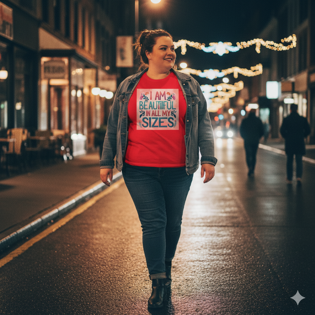 Camiseta de mujer «Soy guapa en todas mis tallas» coral y flores – algodón 190 g, impresión DTG HD, tallas S a 6XL
