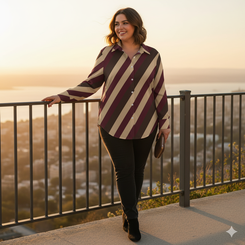 Chemise à ourlet asymétrique – rayures bordeaux, taupe & brun | Big Smiles