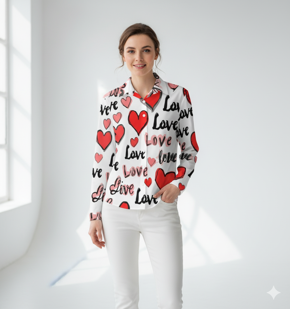 Chemise à ourlet asymétrique – imprimé cœurs “Love” rose & rouge | Big Smiles