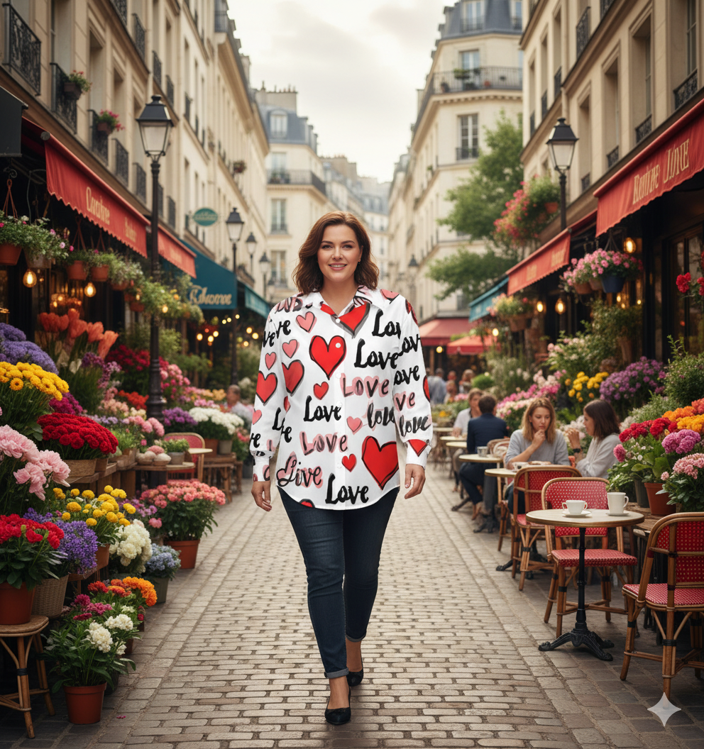 Chemise à ourlet asymétrique – imprimé cœurs “Love” rose & rouge | Big Smiles