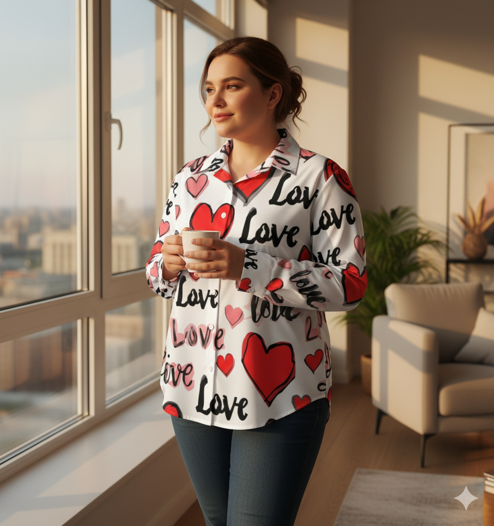 Chemise à ourlet asymétrique – imprimé cœurs “Love” rose & rouge | Big Smiles