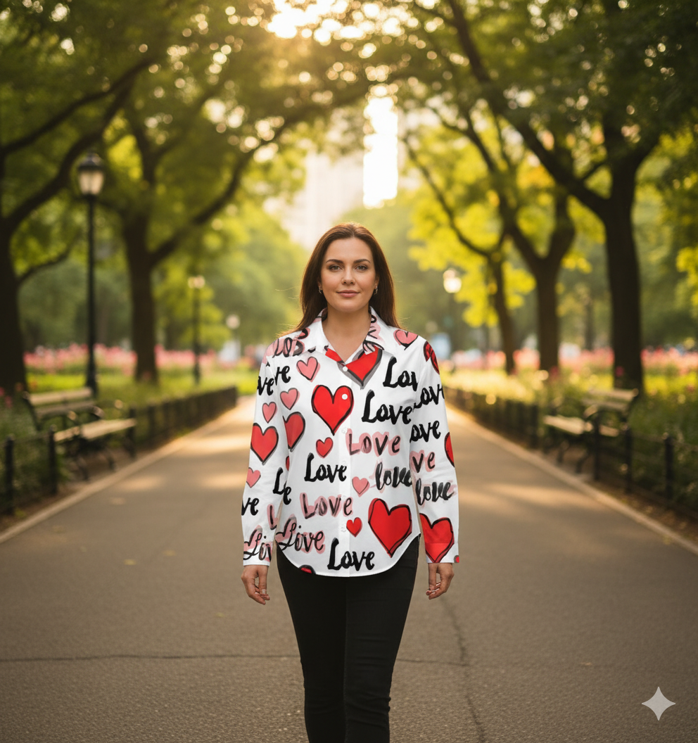 Chemise à ourlet asymétrique – imprimé cœurs “Love” rose & rouge | Big Smiles