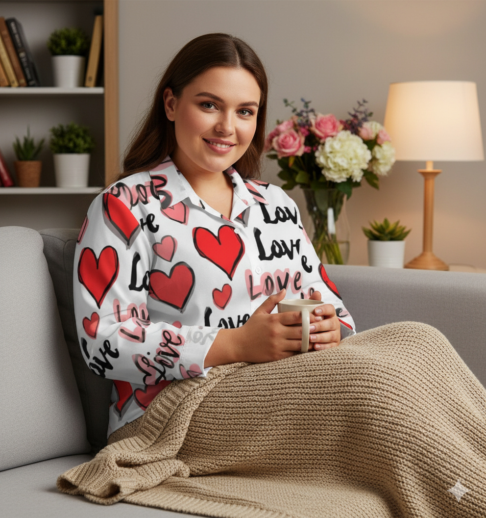 Chemise à ourlet asymétrique – imprimé cœurs “Love” rose & rouge | Big Smiles
