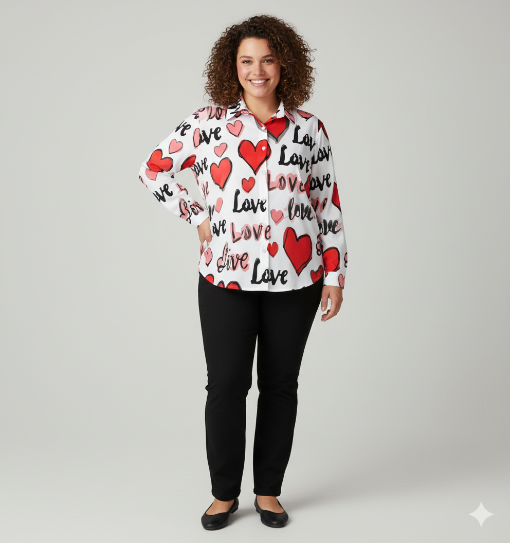 Chemise à ourlet asymétrique – imprimé cœurs “Love” rose & rouge | Big Smiles