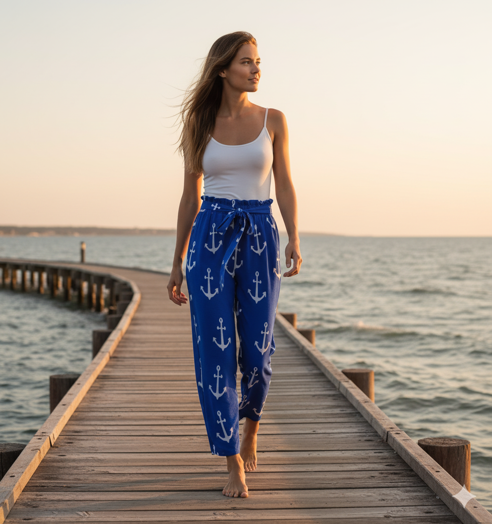 Pantalon large marin à taille élastique & lien, avec poches – imprimé ancres – S à 5XL - Big Smiles All Sizes