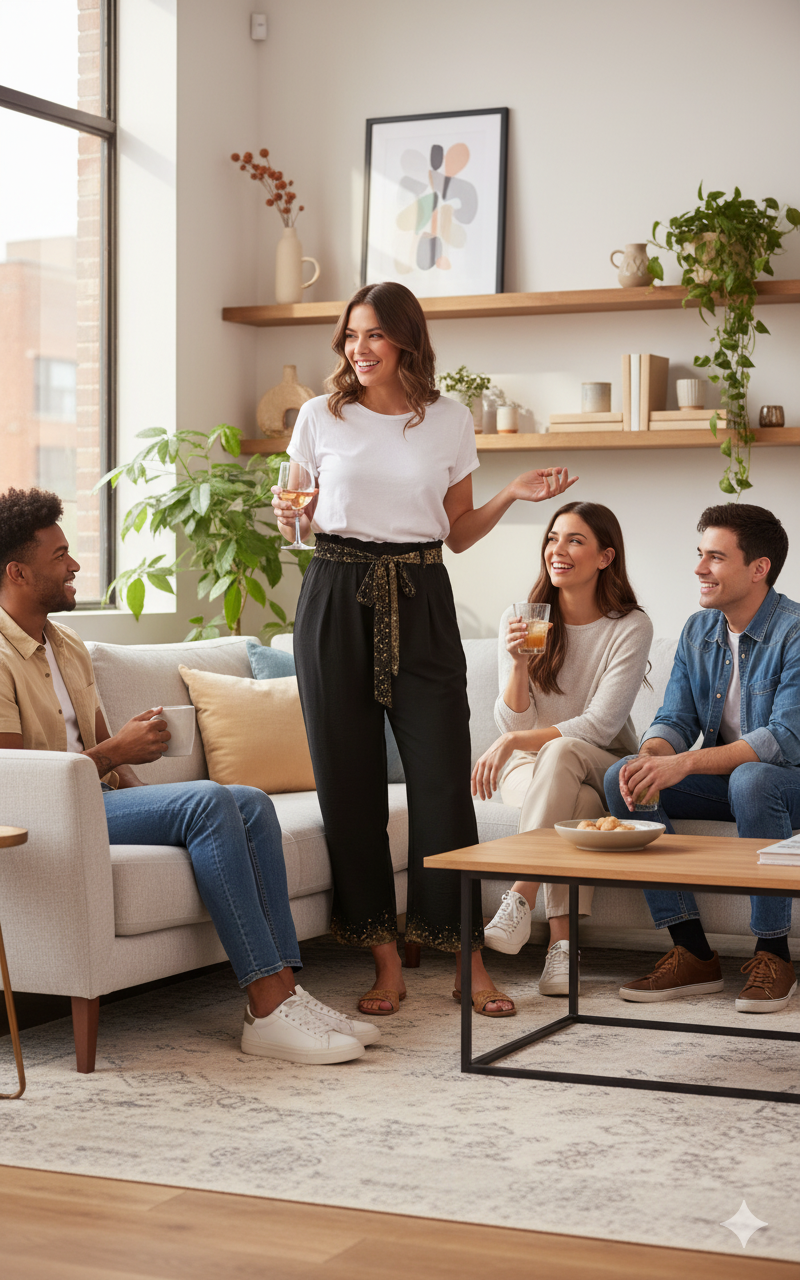 Pantalon large noir à taille élastique à nouer, détails dorés & poches – S à 5XL - Big Smiles All Sizes