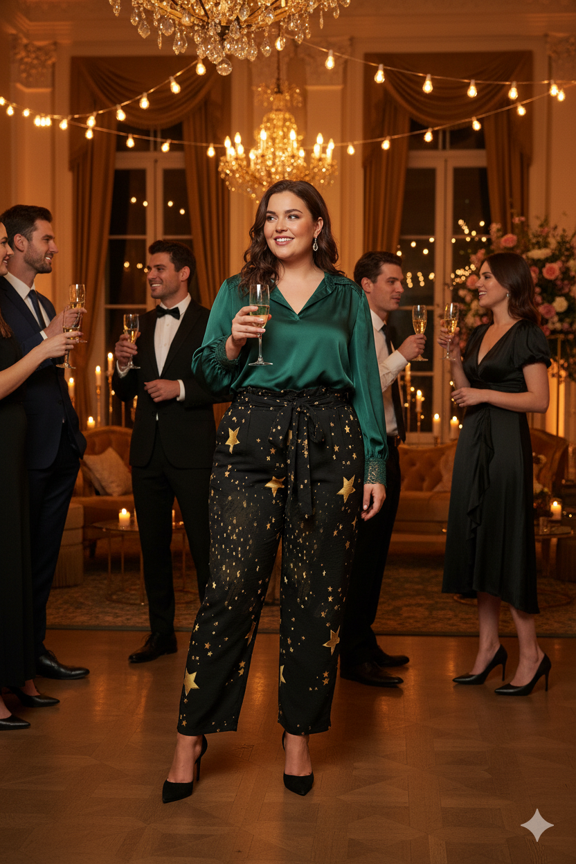 Pantalon large noir à étoiles – taille élastique à nouer & poches (S à 5XL) - Big Smiles All Sizes