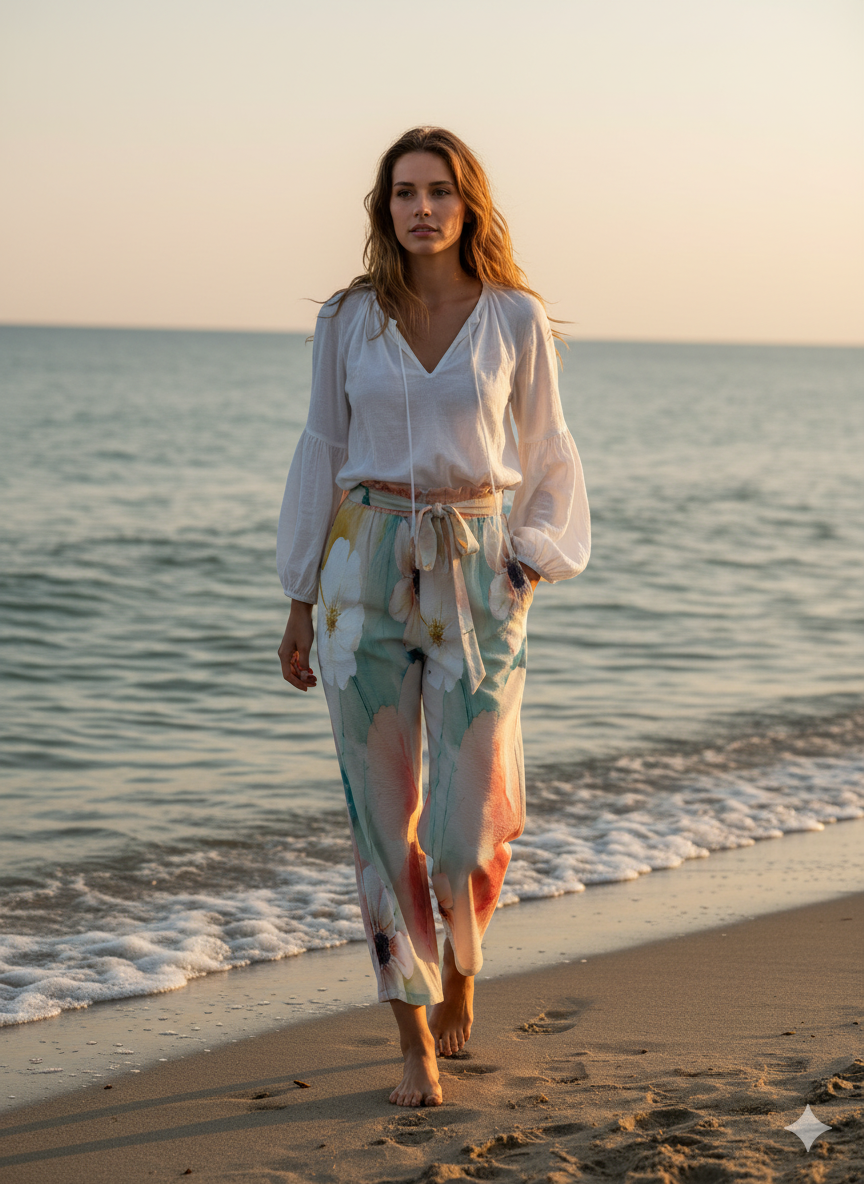 Pantalon large fleurs aquarelle – taille élastique à nouer & poches (S à 5XL) - Big Smiles All Sizes